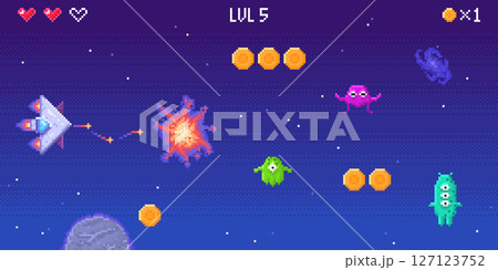 Retro space invader pixel art game scene 127123752