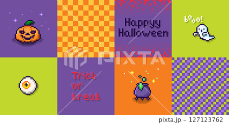 Pixel art Halloween greeting card collection Pixel art Halloween greeting card collection 127123762