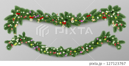 Festive Christmas garland with green pine branch Festive Christmas garland with green pine branch 127123767