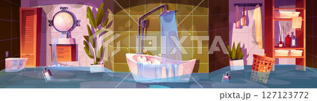Flooded cartoon bathroom interior disaster 127123772