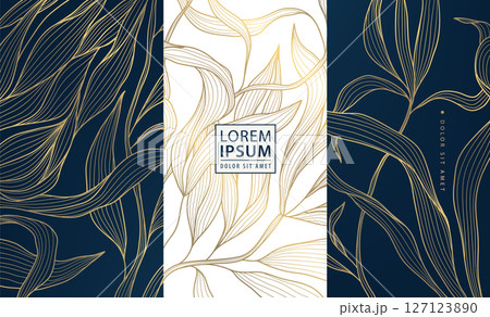 Vector gold label box, leaves floral wine design, vip perfume royal package. Leaf template, beauty, jewelry, gift cards, banners. 127123890