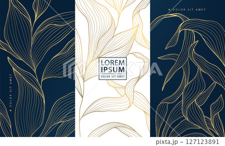 Vector gold label box, leaves floral wine design, vip perfume royal package. Leaf template, beauty, jewelry, gift cards, banners. 127123891