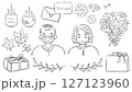 敬老の日の手描きイラストセット線画（おじいちゃん・おばあちゃん・感謝・花・ギフト） 127123960