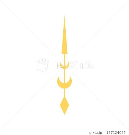 Minimalist celestial ornament in spear shape with crescent moons and rhombus, yellow color. 127124025