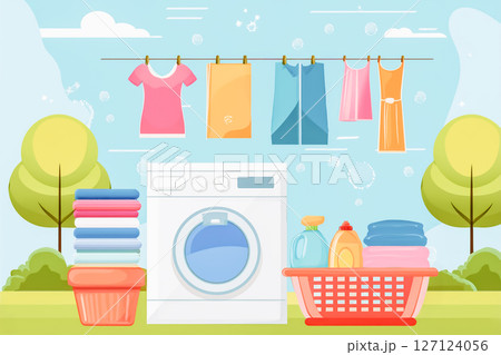 洗濯乾燥機と屋外に干された衣類 127124056