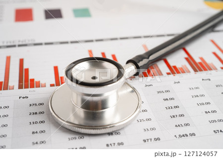 Stethoscope on spreadsheet and graph paper, Finance, Account, Statistics, Investment, Analytic research data economy and Business company. Stethoscope on spreadsheet and graph paper, Finance, Account, Statistics, Investment, Analytic research data economy and Business company. 127124057