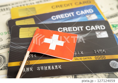 Credit card model with Switzerland flag, financial investment economy business banking. Credit card model with Switzerland flag, financial investment economy business banking. 127124059