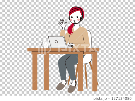 自宅テーブルでヘッドセットをつけてリモートで会話をしている女性 自宅テーブルでヘッドセットをつけてリモートで会話をしている女性 127124080