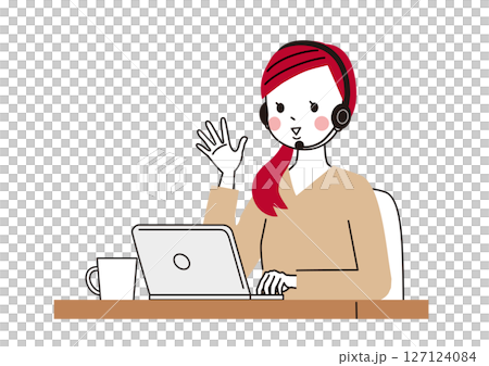 ヘッドセットをつけてオンラインの会話を楽しむ女性 127124084