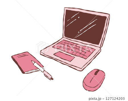 手描きテイストなノートパソコンとマウスと筆記用具のワークスペースイメージのイラスト(ピンク) 手描きテイストなノートパソコンとマウスと筆記用具のワークスペースイメージのイラスト(ピンク) 127124203