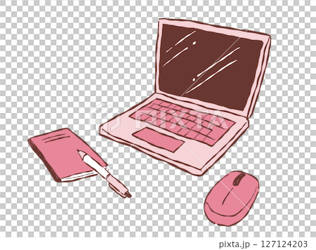 手描きテイストなノートパソコンとマウスと筆記用具のワークスペースイメージのイラスト(ピンク) 手描きテイストなノートパソコンとマウスと筆記用具のワークスペースイメージのイラスト(ピンク) 127124203