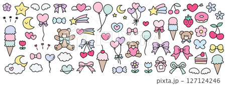 手書きのかわいいくまや風船などのベクターイラストセット。ゆめかわ、ハート、リボン、落書き 手書きのかわいいくまや風船などのベクターイラストセット。ゆめかわ、ハート、リボン、落書き 127124246