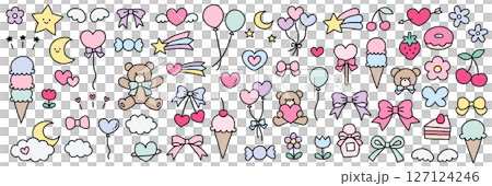 手書きのかわいいくまや風船などのベクターイラストセット。ゆめかわ、ハート、リボン、落書き 手書きのかわいいくまや風船などのベクターイラストセット。ゆめかわ、ハート、リボン、落書き 127124246
