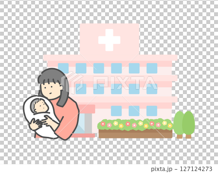 母親和嬰兒被抱著婦產科大樓插圖 127124273
