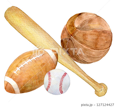 水彩イラスト　スポーツ用具のセット 127124427