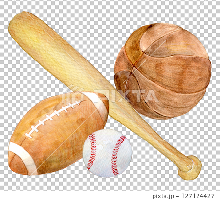 水彩イラスト　スポーツ用具のセット 127124427