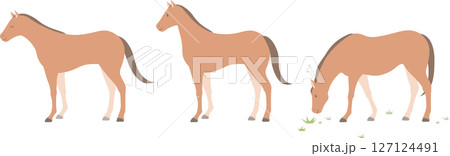 馬のベクターイラストセット/平常、休憩、食事のポーズ/シンプルなフラットスタイル 馬のベクターイラストセット/平常、休憩、食事のポーズ/シンプルなフラットスタイル 127124491