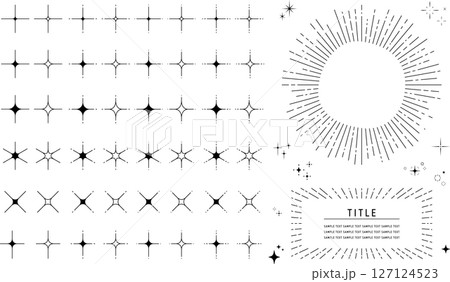 キラキラのあしらいとサンバーストのフレームセット/シンプルな線画スタイル キラキラのあしらいとサンバーストのフレームセット/シンプルな線画スタイル 127124523