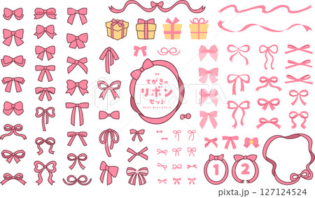 フラットな手描きリボンセット/可愛い漫画スタイルの万能あしらいイラスト 127124524