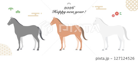 2026年午年の年賀状の素材/馬のベクターイラストセット/シンプルなフラットスタイル	 127124526