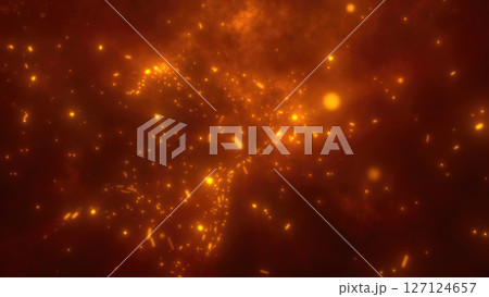 A dark, glowing cosmic-inspired backdrop featuring orange light sparks and a dreamy, swirling mist-like effect background 127124657