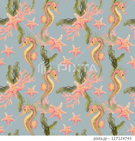 Seahorses and sea stars with seaweed on soft blue background. A watercolor clipart seamless pattern perfect for fabric designs, childrens products, planner pages, or beach merchandise Seahorses and sea stars with seaweed on soft blue background. A watercolor clipart seamless pattern perfect for fabric designs, childrens products, planner pages, or beach merchandise 127124743