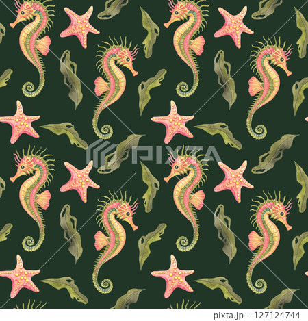 Deep moss-green background hosts lime seahorses, dotted coral starfish, and leafy kelp in this dark-themed watercolor clipart seamless pattern, perfect for bold gift wrap and fashion fabric Deep moss-green background hosts lime seahorses, dotted coral starfish, and leafy kelp in this dark-themed watercolor clipart seamless pattern, perfect for bold gift wrap and fashion fabric 127124744