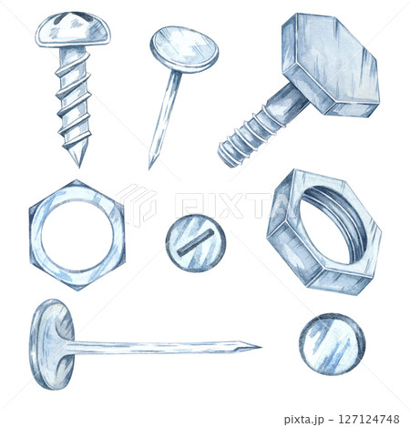 Nails, bolts, screws, washers, and nuts in metallic gray-blue watercolor illustration style. Ideal for mechanic-themed designs, tool packaging, builder guides, or hardware store graphics Nails, bolts, screws, washers, and nuts in metallic gray-blue watercolor illustration style. Ideal for mechanic-themed designs, tool packaging, builder guides, or hardware store graphics 127124748