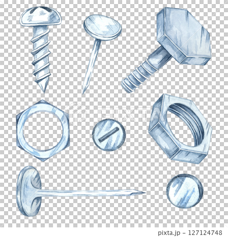 Nails, bolts, screws, washers, and nuts in metallic gray-blue watercolor illustration style. Ideal for mechanic-themed designs, tool packaging, builder guides, or hardware store graphics Nails, bolts, screws, washers, and nuts in metallic gray-blue watercolor illustration style. Ideal for mechanic-themed designs, tool packaging, builder guides, or hardware store graphics 127124748