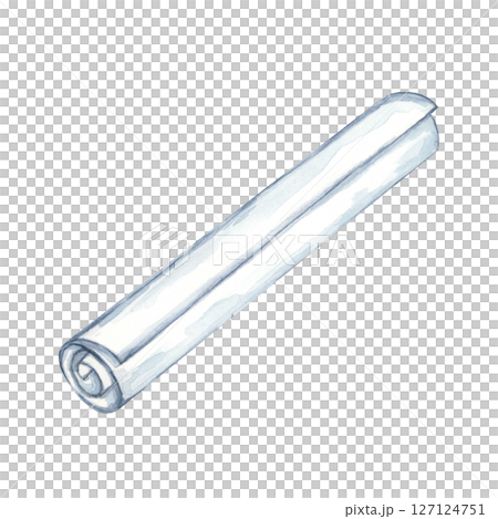 Single rolled blueprint or paper scroll in light gray-blue watercolor clipart. Useful in architectural designs, construction graphics, or for decorating engineering project presentations 127124751