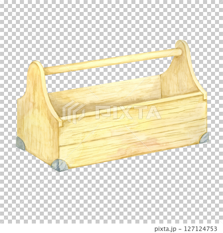 Side view of a yellow wooden toolbox with soft gray metal accents in a watercolor illustration. Can be used in hardware store ads, builder promo materials, or handyman service brochures Side view of a yellow wooden toolbox with soft gray metal accents in a watercolor illustration. Can be used in hardware store ads, builder promo materials, or handyman service brochures 127124753