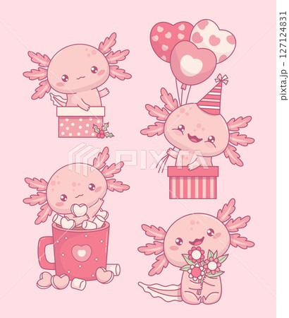 Pink Axolotl. Cute little cartoon kawaii character. Joyful birthday boy in gift box with balloons, bouquet flowers and in cup Hot Cocoa with Marshmallow. Isolated Vector illustration. Kids collection. 127124831