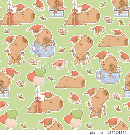 Seamless pattern with cutie Christmas Capybara on green background. New Year Funny cartoon kawaii character template packaging. Vector illustration. Kids holiday collection. 127124832