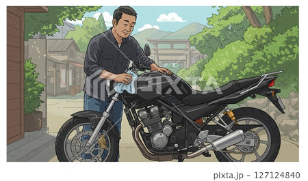 愛車をピカピカに！バイク磨きを楽しむ男性の笑顔 127124840