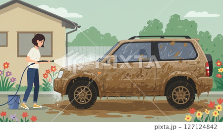 きめ細かい泡で！愛車を優しく洗う洗車風景 127124842