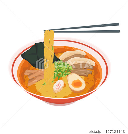 醤油ラーメンの麺を持ち上げるイラスト 127125148