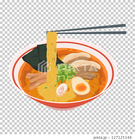 醤油ラーメンの麺を持ち上げるイラスト 127125148