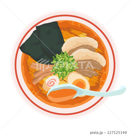 醤油ラーメンのスープをすくうイラスト 127125149