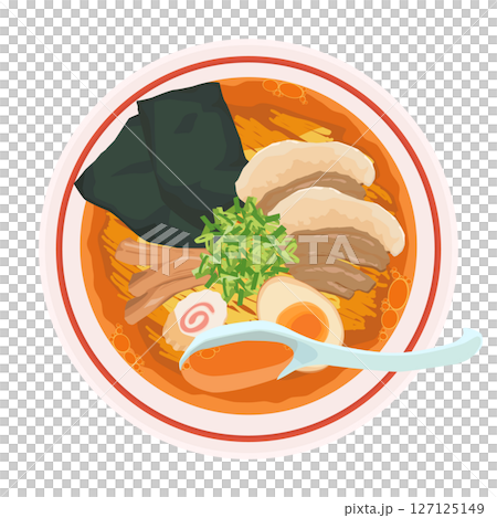 Illustration of scooping soy sauce ramen soup Illustration of scooping soy sauce ramen soup 127125149