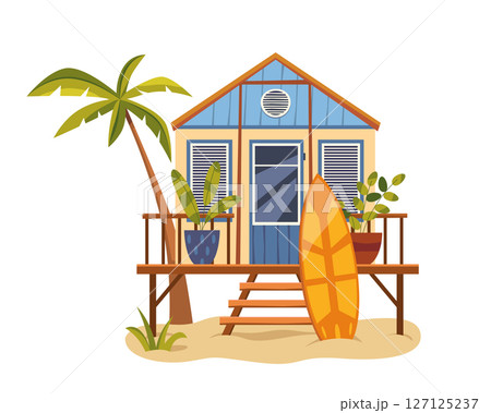 Surfer house on beach. Vector clipart of outdoor seaside hut. Wooden bungalow with palm or coastal cabana for surfers. Ocean shore architecture with surfboard. Shelter or shack for vacation travel. 127125237