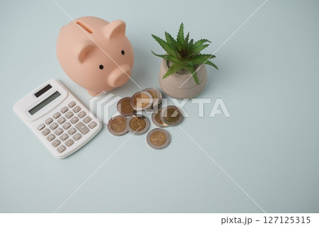 Pink piggy bank on light blue background overflowing coins and calculator with copy space. 127125315
