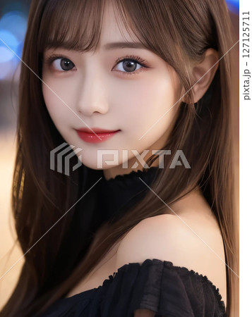 街で優しく微笑むロングヘアの女性 127125711