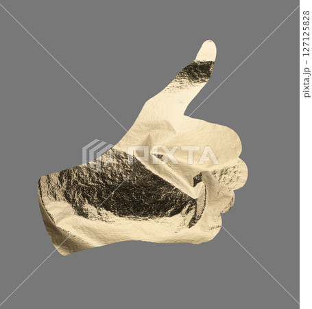 Hand making a thumb up gesture, signaling approval and agreement. Golden metallic texture with a Hand making a thumb up gesture, signaling approval and agreement. Golden metallic texture with a 127125828