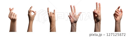 Hand raised with fingers making a heart shape, peace, ok, tapping. Gesture of communication and 127125872