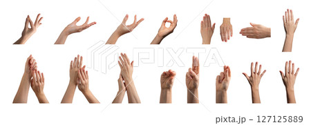 Hand with fingers making different gestures, raised upward in an elegant, graceful pose. Soft, 127125889