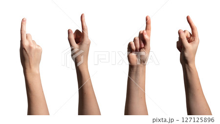Hand with index finger pointing upward, indicating direction or selection. Clean, soft skin with Hand with index finger pointing upward, indicating direction or selection. Clean, soft skin with 127125896
