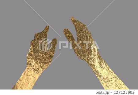Hands reaching out, symbolizing connection and support. Gold metallic texture, elegant and spiritual 127125902