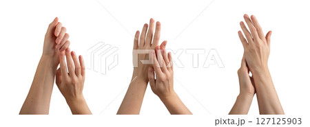 Hands with a clean, neat manicure, showcasing soft, healthy skin and delicate fingers. Elegant and 127125903