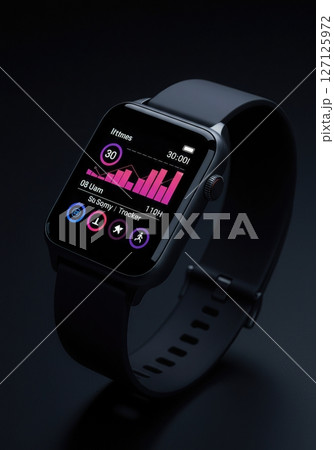 Modern black smartwatch displaying colorful fitness data visualization charts and health metrics on dark background with silicone sport band 127125972