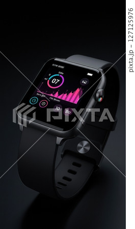 Modern black smartwatch displaying colorful fitness data visualization charts and health metrics on dark background with silicone sport band 127125976